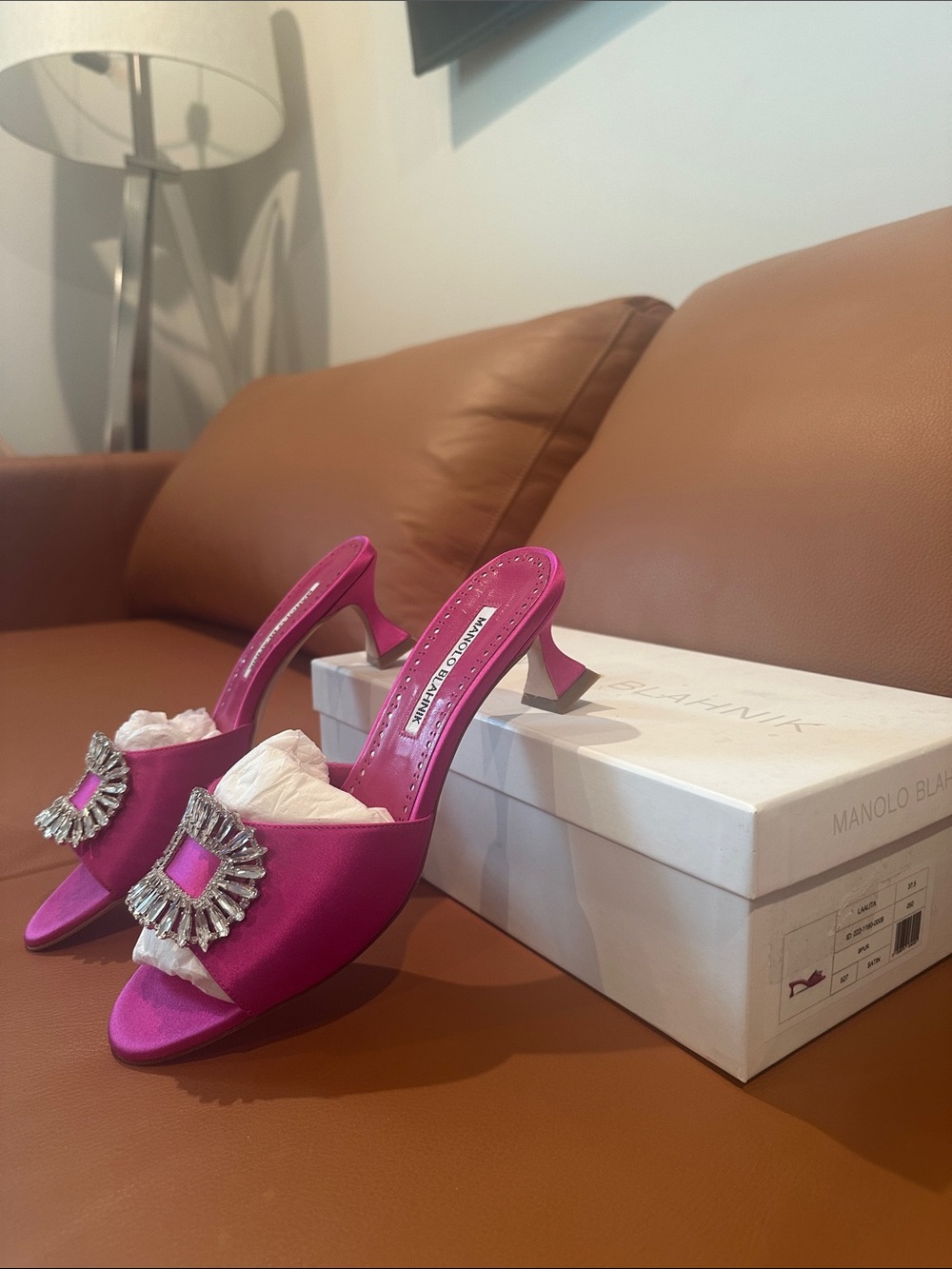 Manolo Blahnik Fuchsia Satin Crystal-Buckle Slide Mules - Picture 2 of 4